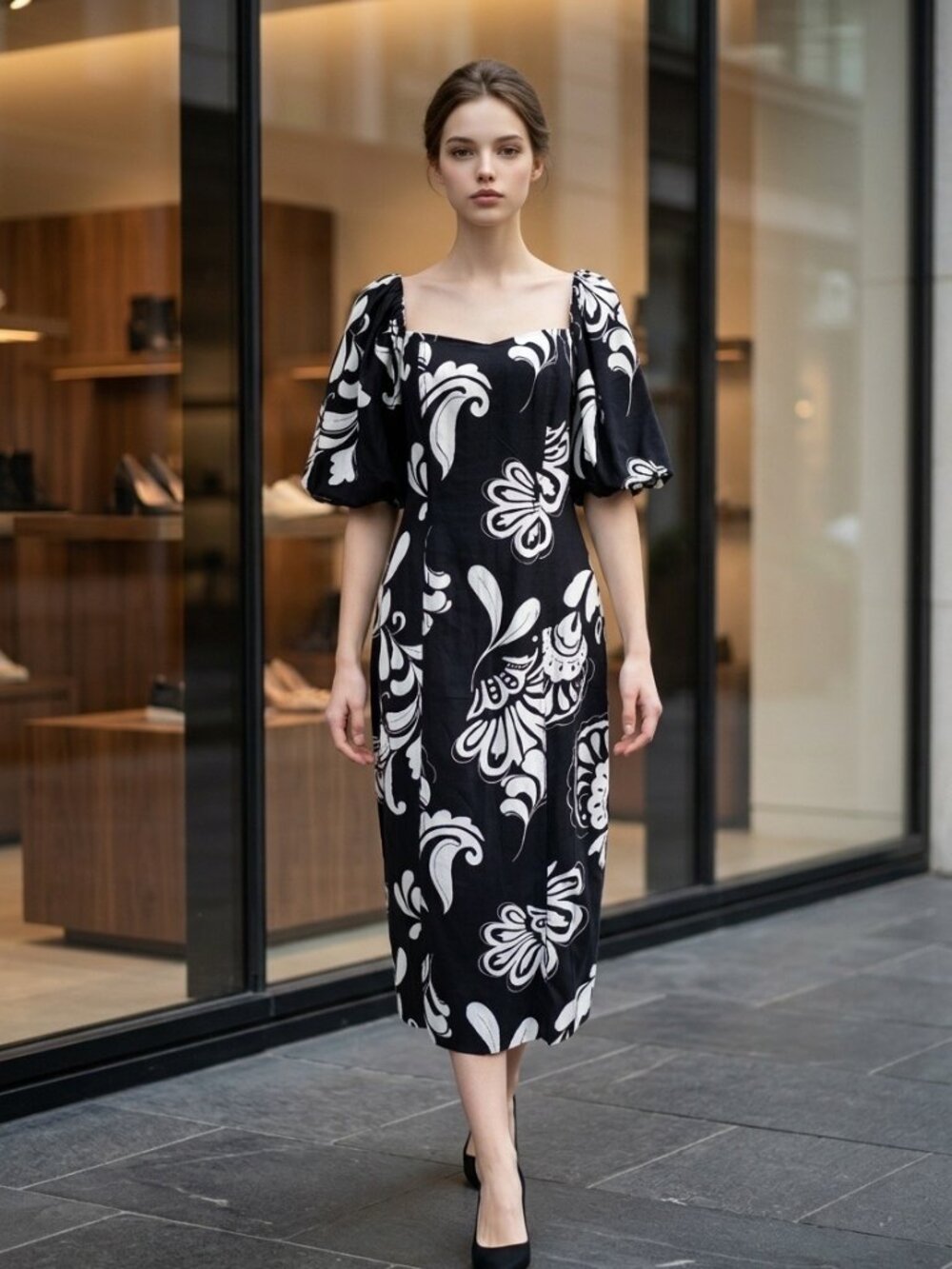 NWOT Ann Taylor Navy White Floral Puff Sleeve Midi Dress Size 2 Lined